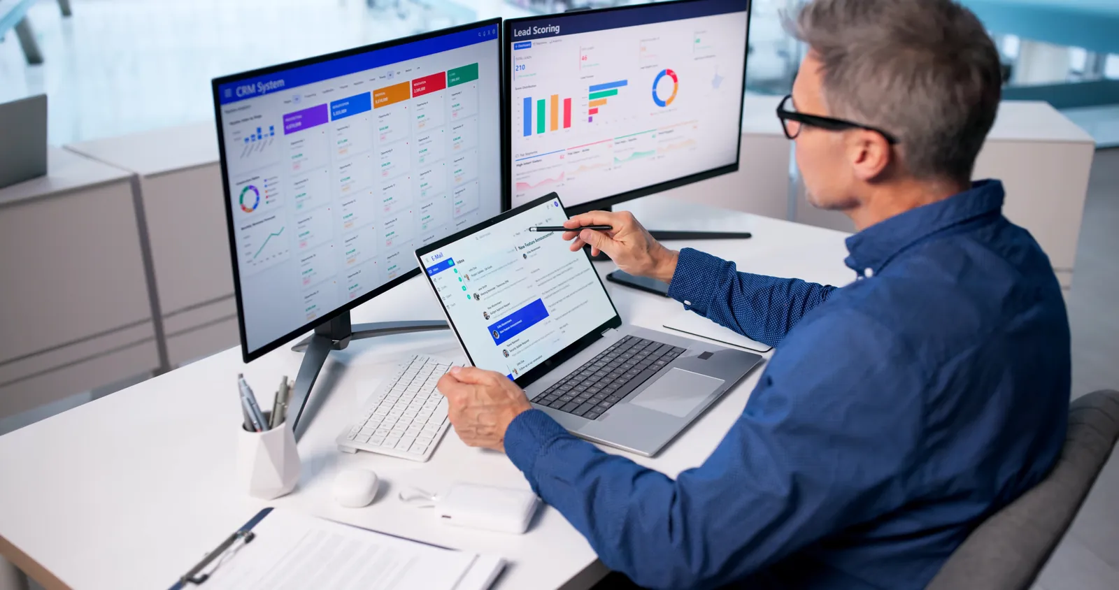 Sales manager reviewing CRM pipeline and lead scoring dashboards